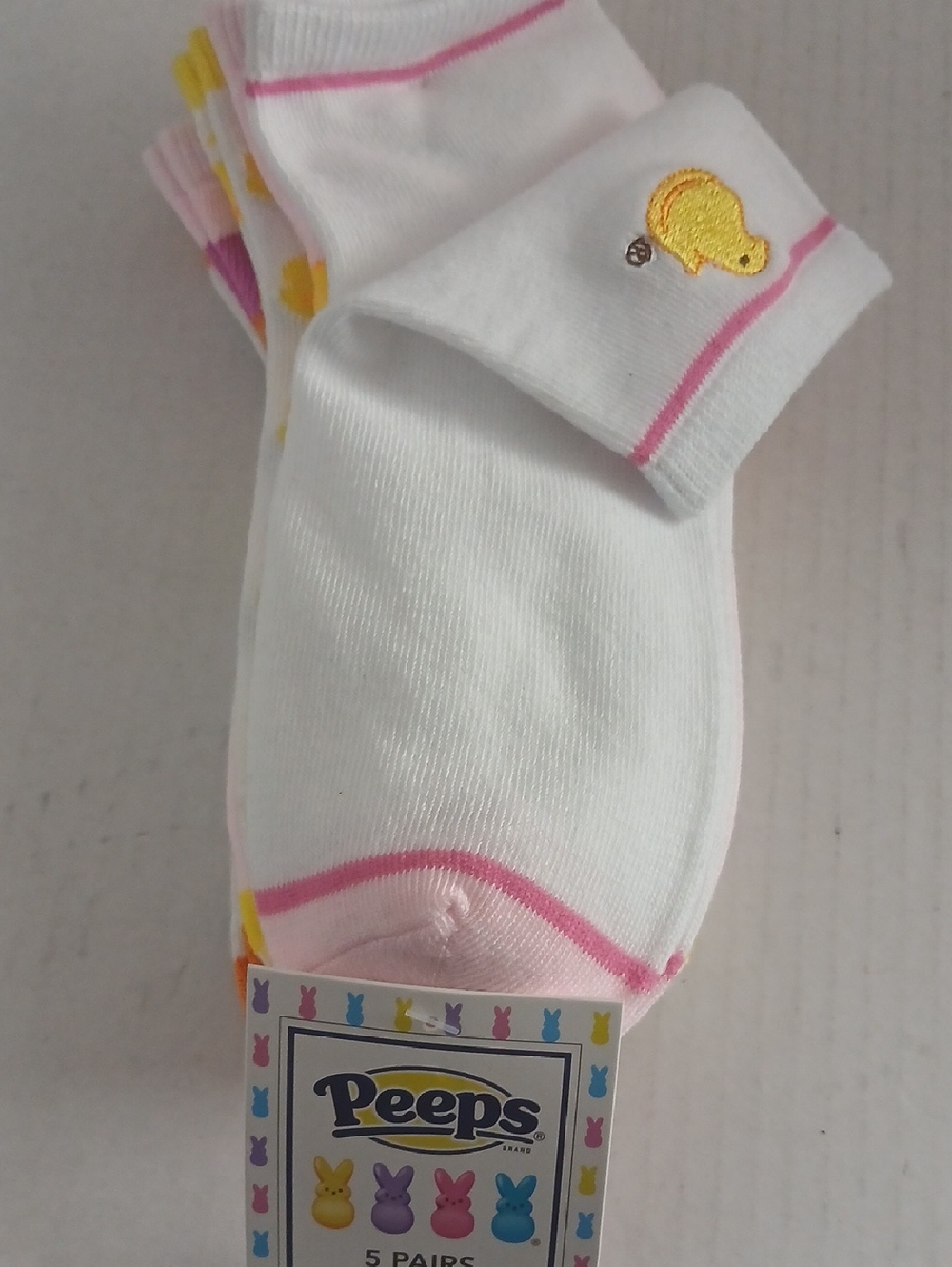 Peeps White Ankle Socks  Pink Trim Yellow multi color Chick peeps Accent nwt